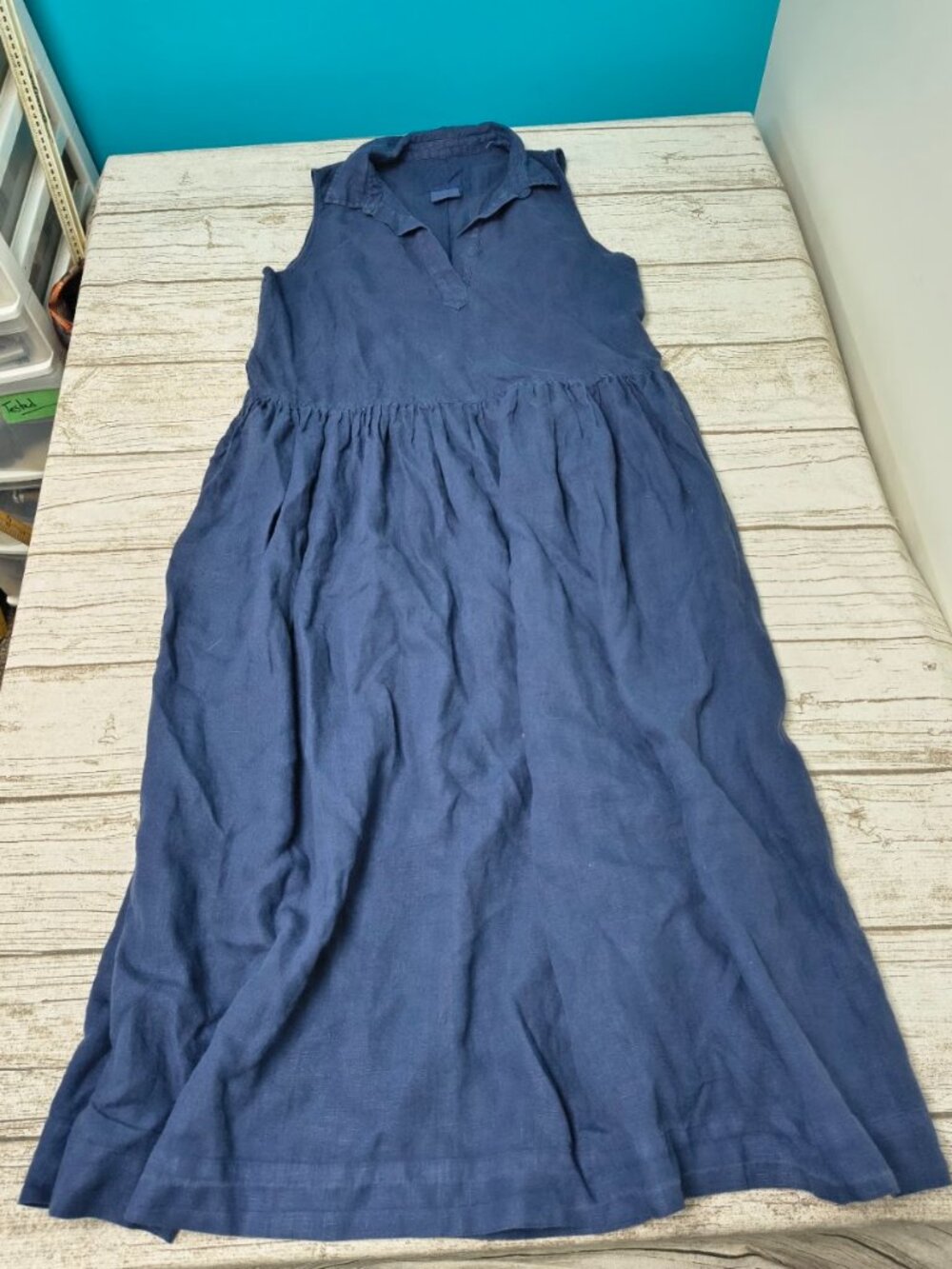 Frank & Eileen Daphne Navy 100% Linen Maxi Dress Large